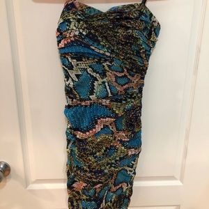 Multicolored snake print ruched mini dress